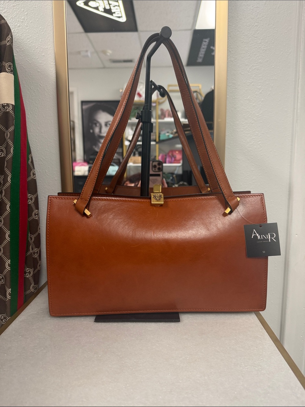 Versace Tan Leather Tote with Gold Medusa Lock